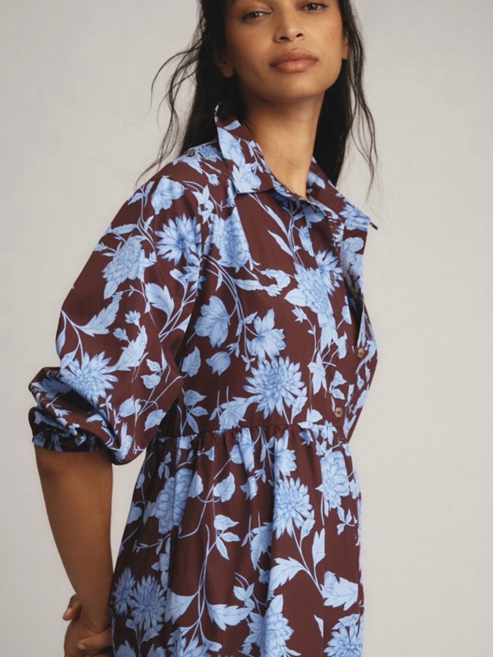 Maeve Anthropologie Bettina Brown Blue Floral Dress Size L - Picture 2 of 8